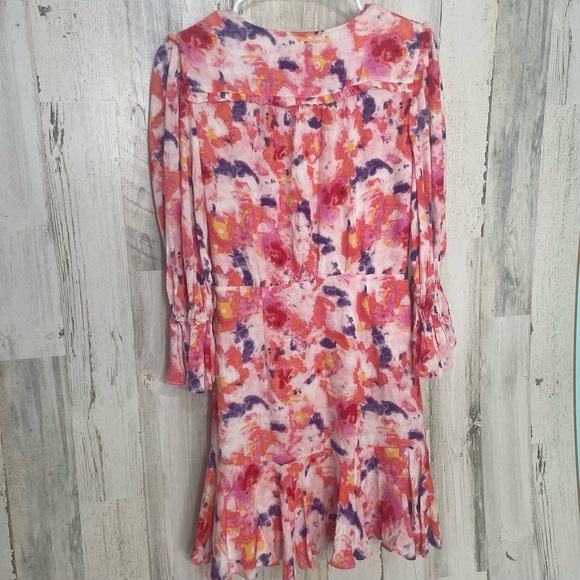 Betsey Johnson Sunset Floral Faux Wrap Dress Pink Yarrow Sz 2 Ruffle V-Neck NWOT - Picture 9 of 12